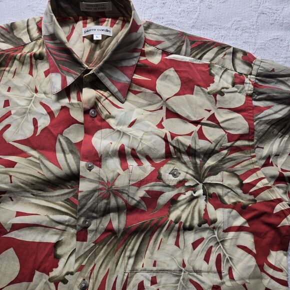 Pierre Cardin Red Gold Bold Floral Hawaiian Aloha Shirt Men Large Vintage Travel - Picture 3 of 7